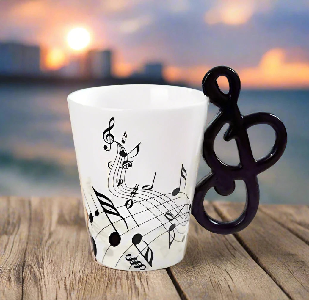 A music themed mug with a beach view, affordable gift ideas for music lovers