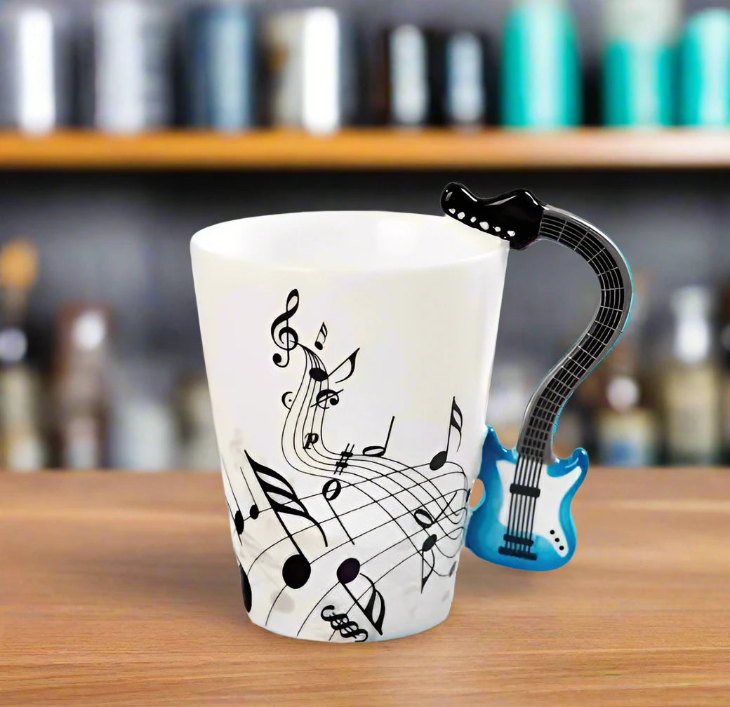 Close-up Musical Notes Pattern Detail with a blue guitar handle