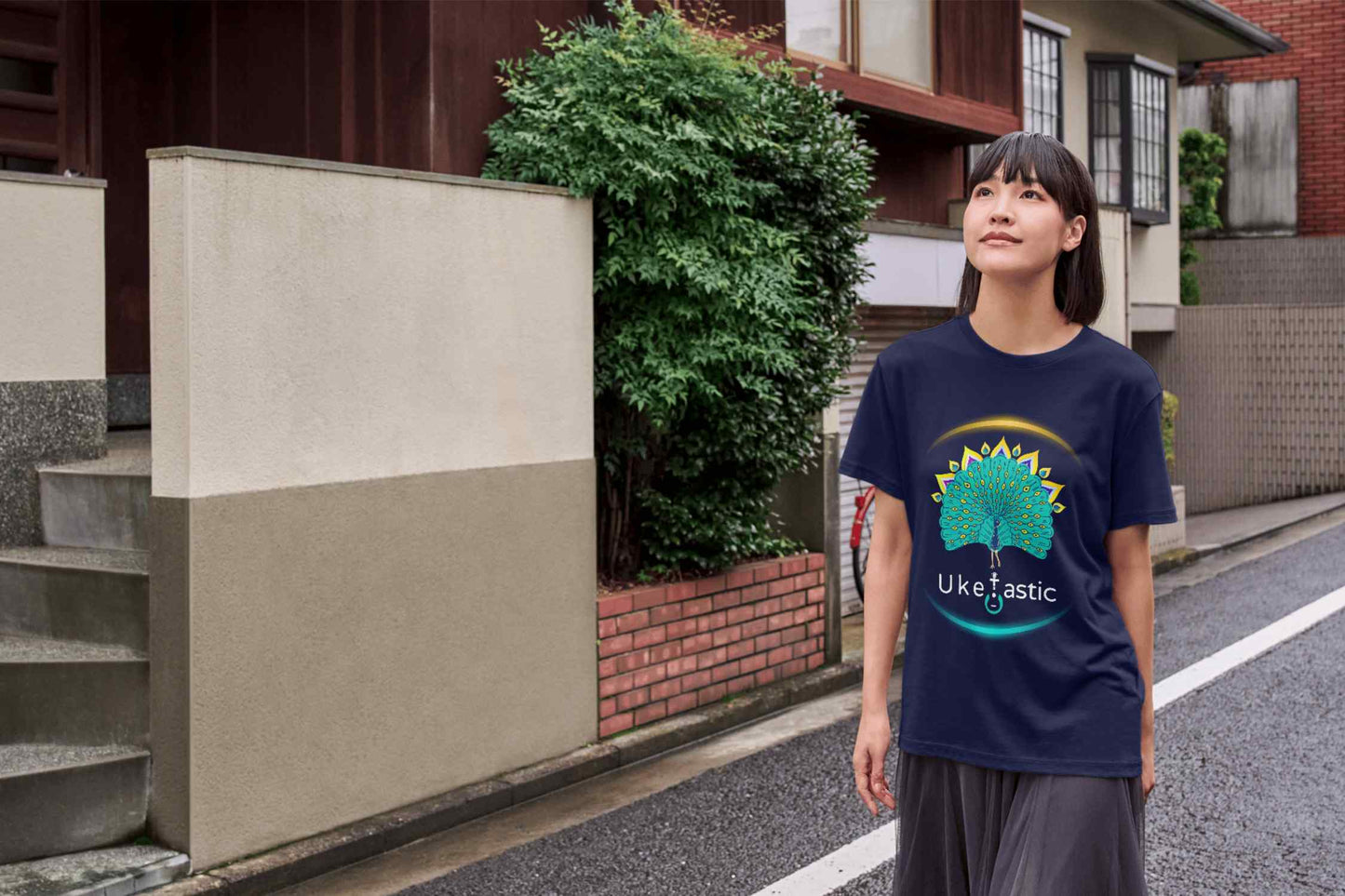 Uke Tastic Peacock Ukulele T-Shirt Model