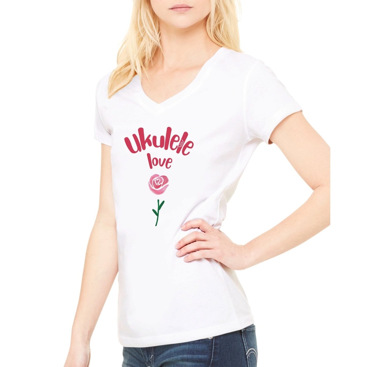 Premium 'Uke Rose' Womens V-Neck T-shirt - Uke Tastic - S - Free Delivery - Uke Tastic