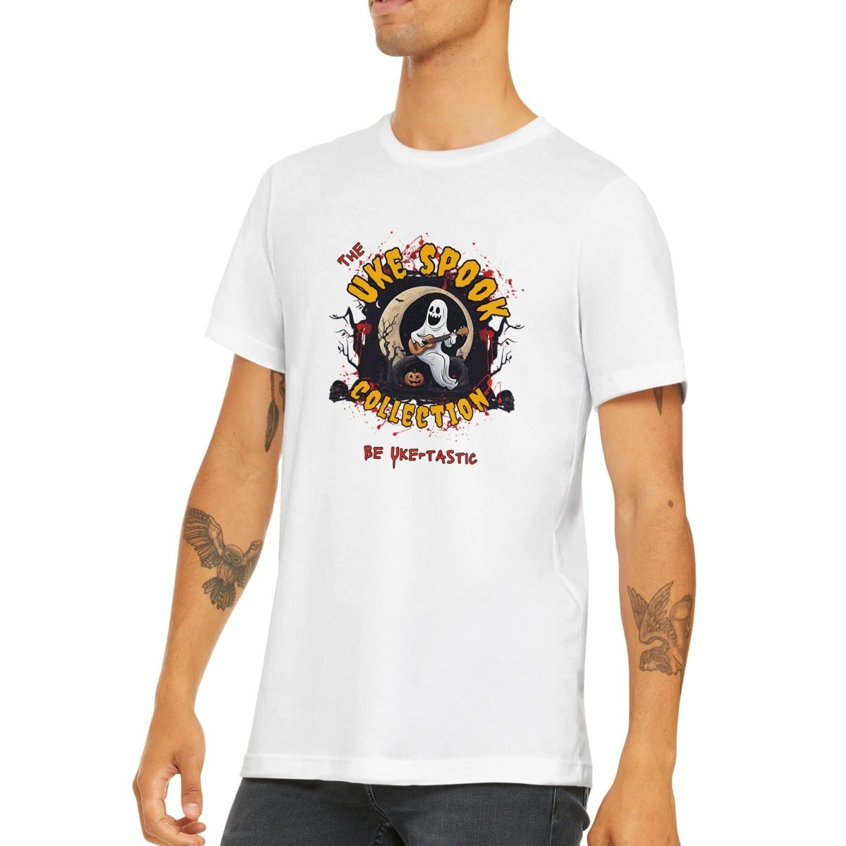 Uke Spook Ghost - Classic Unisex Crewneck T-shirt - Uke Tastic - Dark Heather - Free Delivery - Uke Tastic