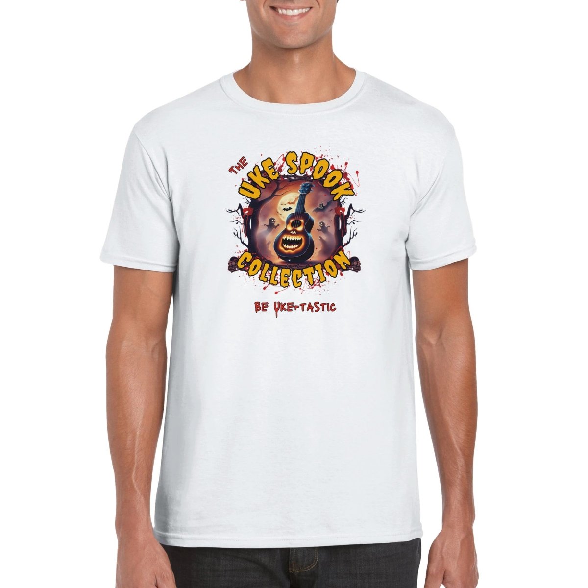 Uke Spook Pumpkin Face - Classic Unisex Crewneck T-shirt - Uke Tastic - Dark Heather - Free Delivery - Uke Tastic