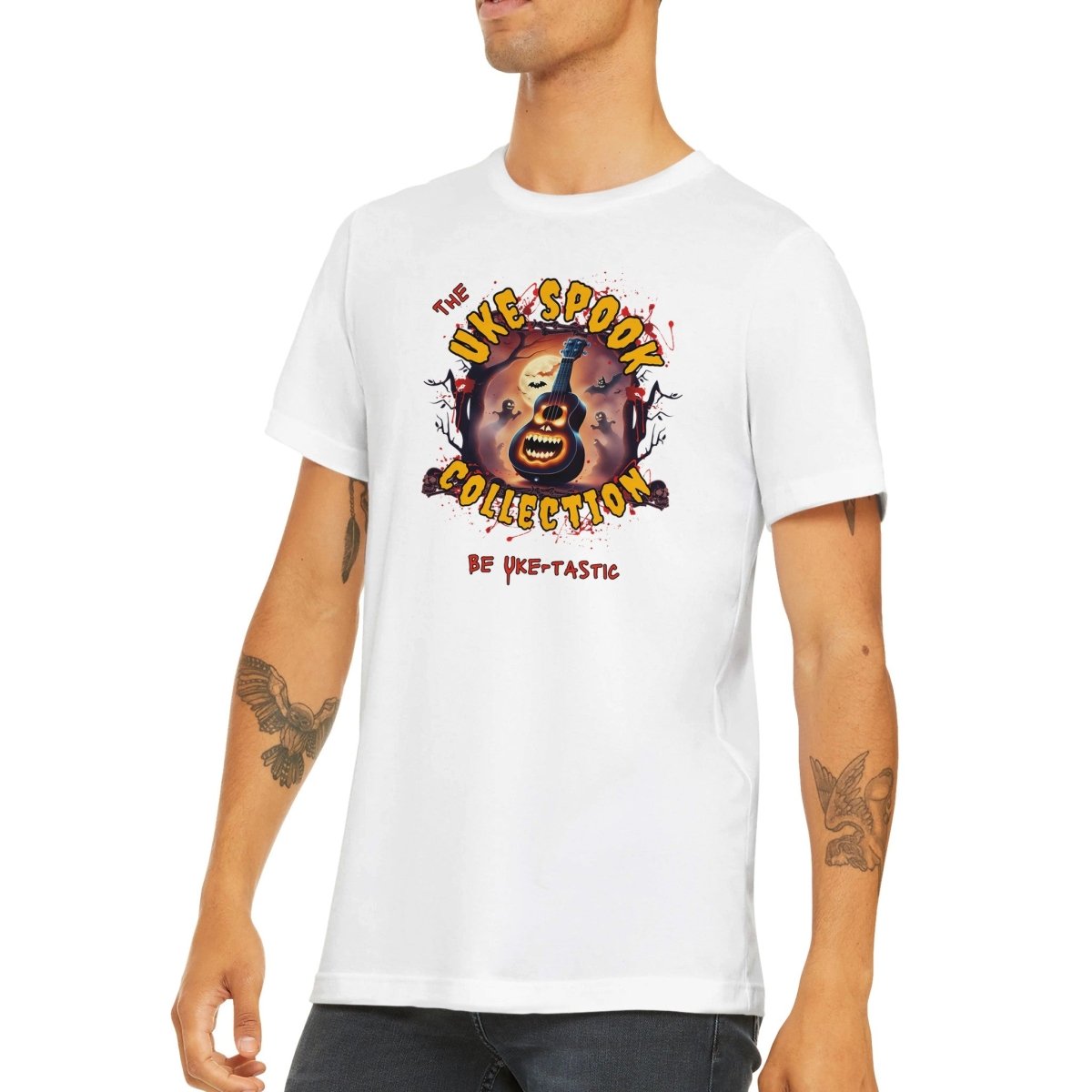 Uke Spook Pumpkin Face - Classic Unisex Crewneck T-shirt - Uke Tastic - Dark Heather - Free Delivery - Uke Tastic