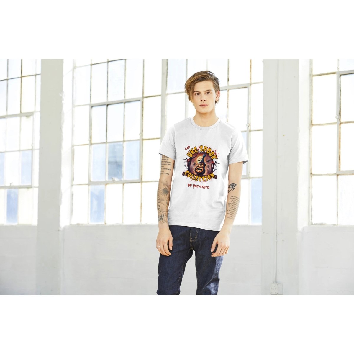 Uke Spook Pumpkin Face - Premium Unisex Crewneck T-shirt - Uke Tastic - S - Free Delivery - Uke Tastic
