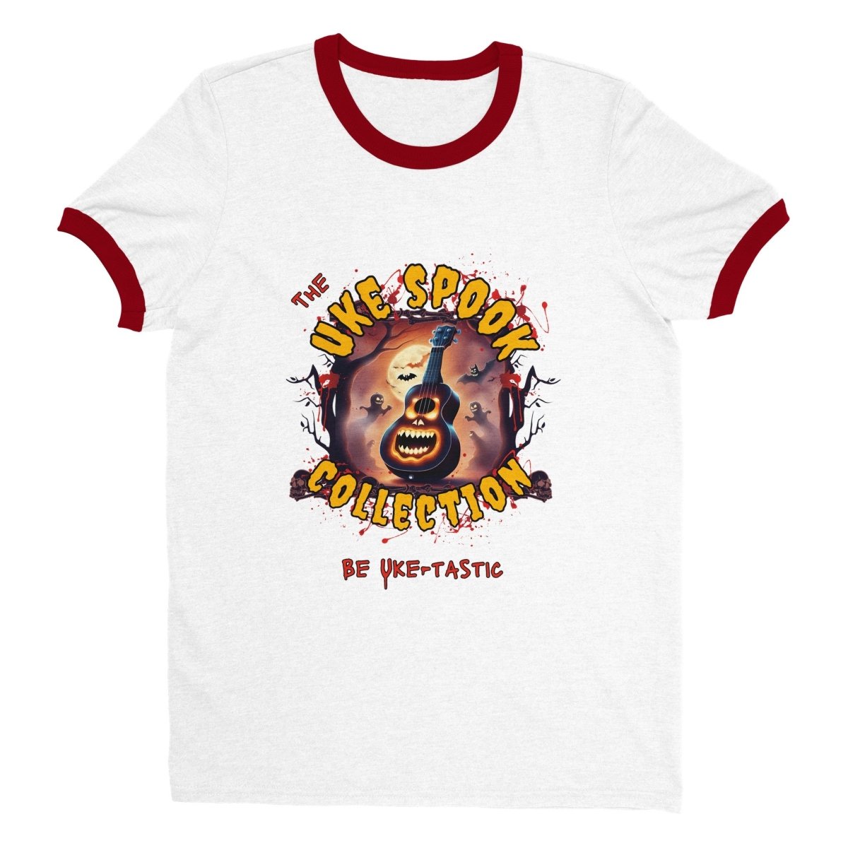 Uke Spook Pumpkin Face - Unisex Ringer T-shirt - Uke Tastic - S - Free Delivery - Uke Tastic