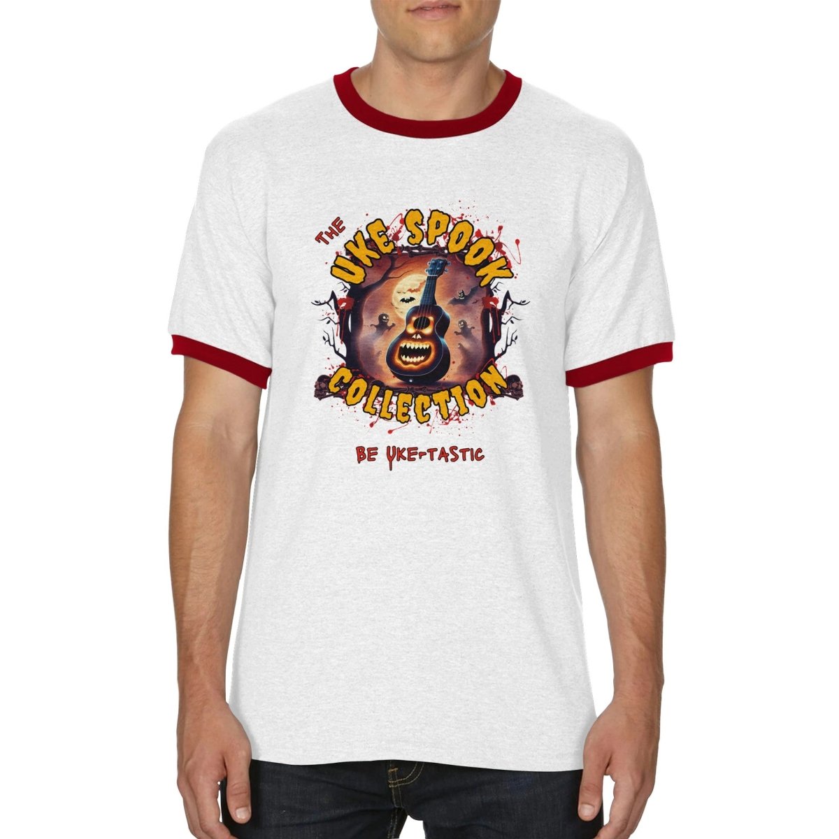 Uke Spook Pumpkin Face - Unisex Ringer T-shirt - Uke Tastic - S - Free Delivery - Uke Tastic