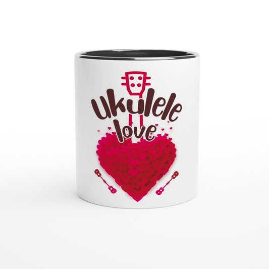 White 'Uke Love' 11oz Ceramic Mug with Colour Inside - Uke Tastic - Ceramic Black - Cups and Mugs - Uke Tastic