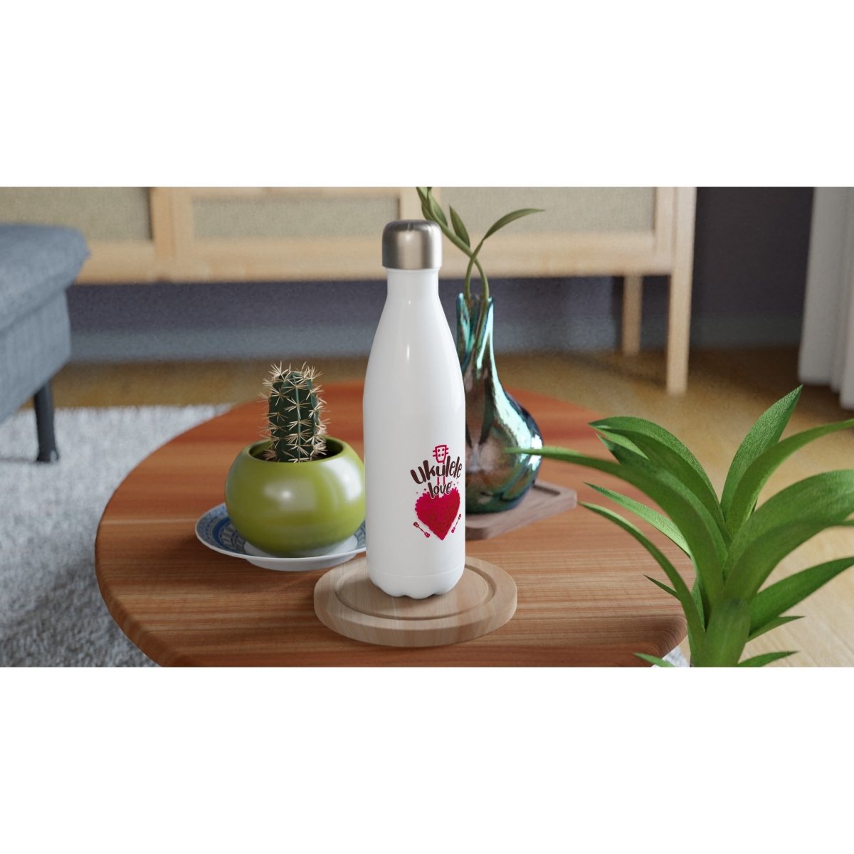 White 'Uke Love' 17oz Stainless Steel Water Bottle - Uke Tastic - Cups and Mugs - Uke Tastic