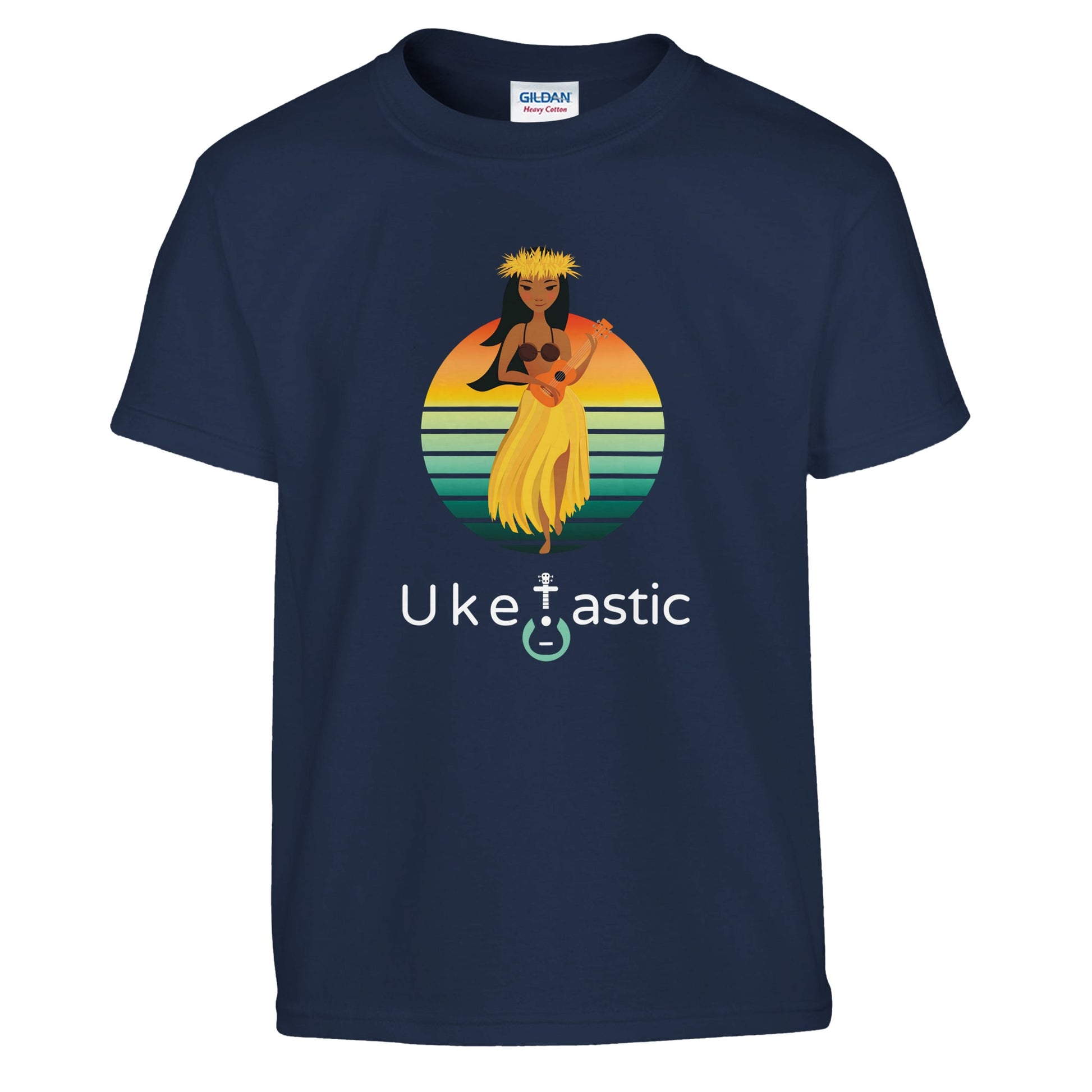 Premium Ukulele Playing Hawaiian Girl T-Shirt Green Front Blue