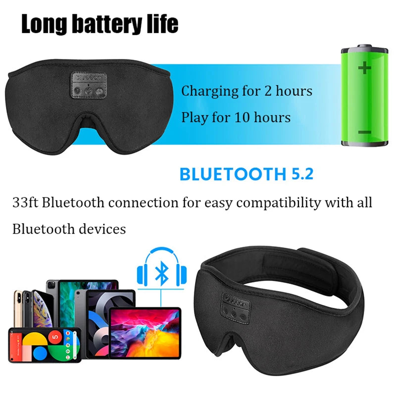 Bluetooth 5.2 Sleeping Headphones: 3D Wireless Music Eye Mask with Microphone - Soft, Adjustable Sleep Headset & Blindfold