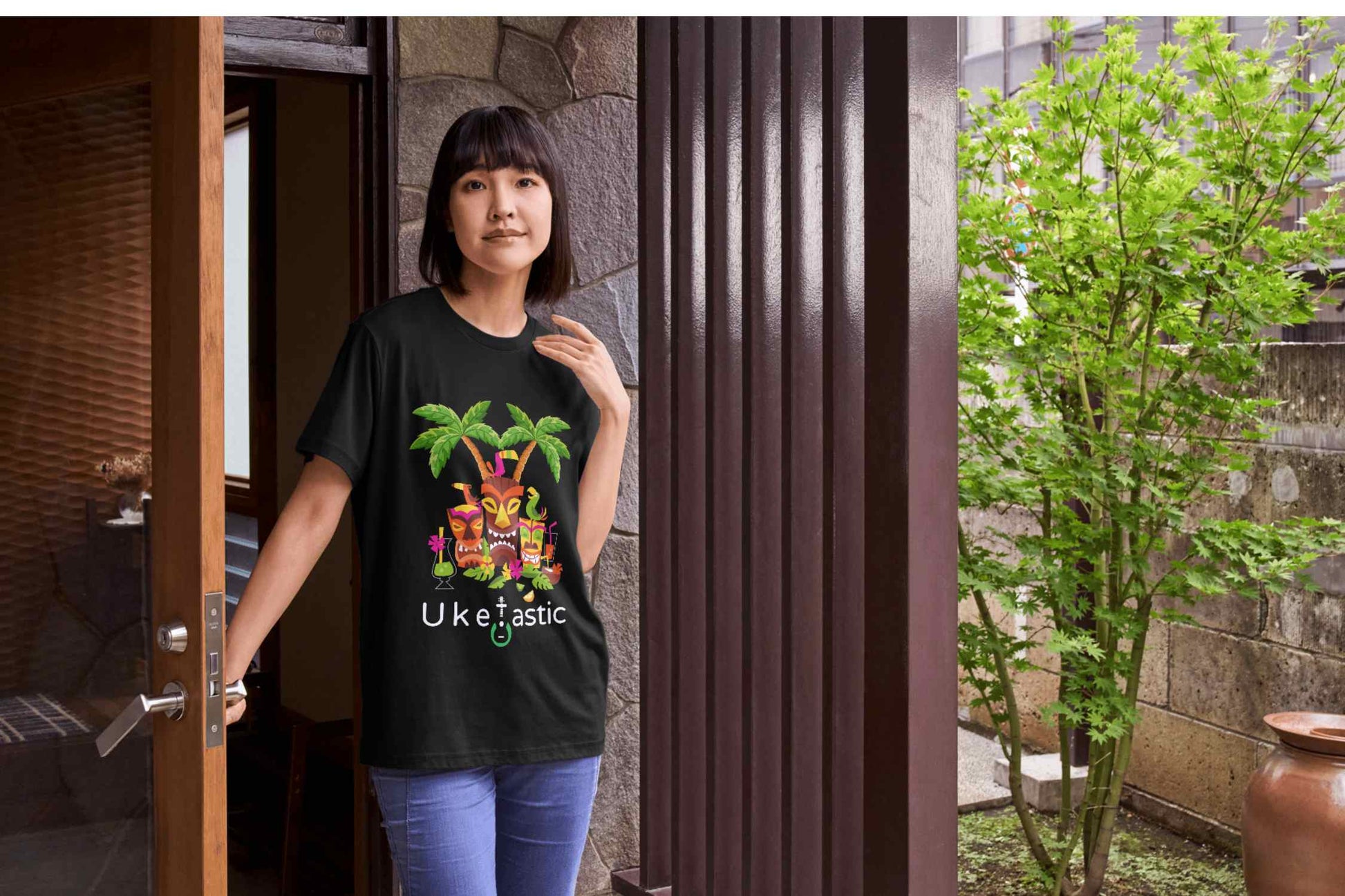 Tiki Black Ukulele T-shirt Front with model 2