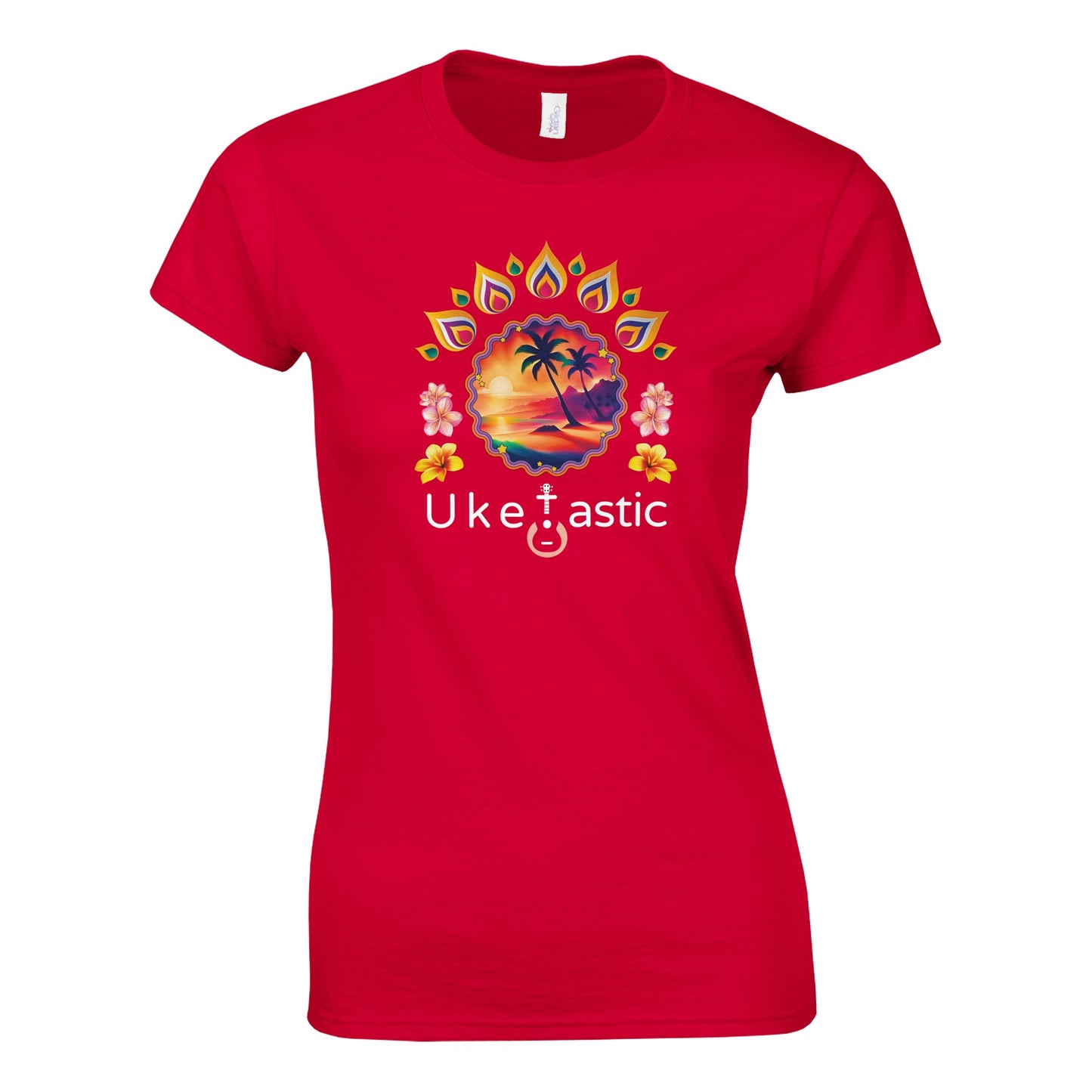 Women’s-sunset-ukulele-tshirt-1-redfront