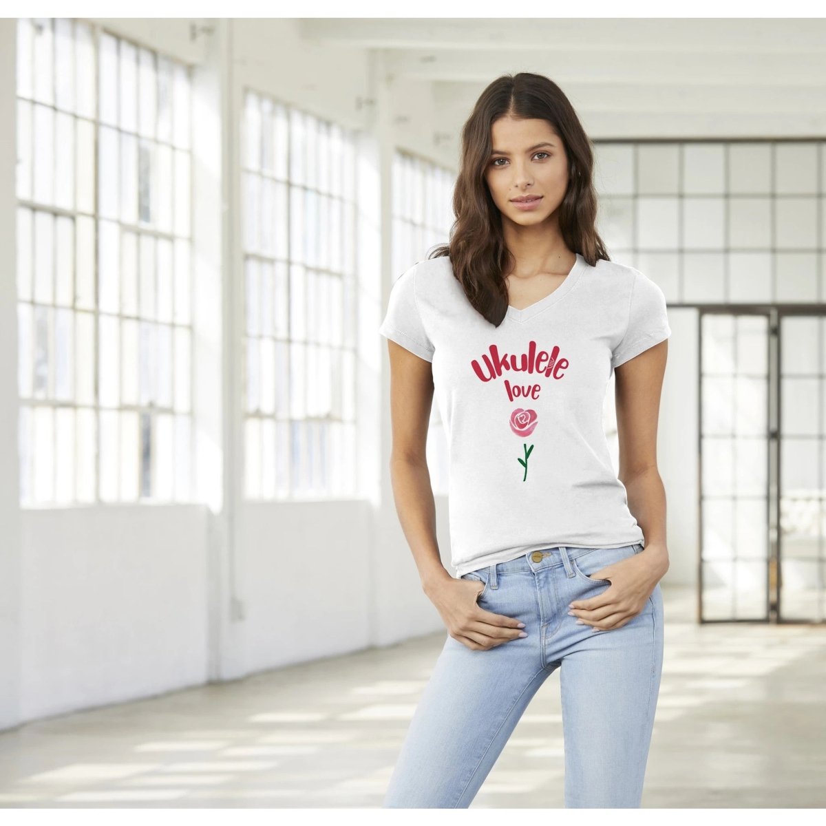 Premium 'Uke Rose' Womens V-Neck T-shirt - Uke Tastic - S - Free Delivery - Uke Tastic