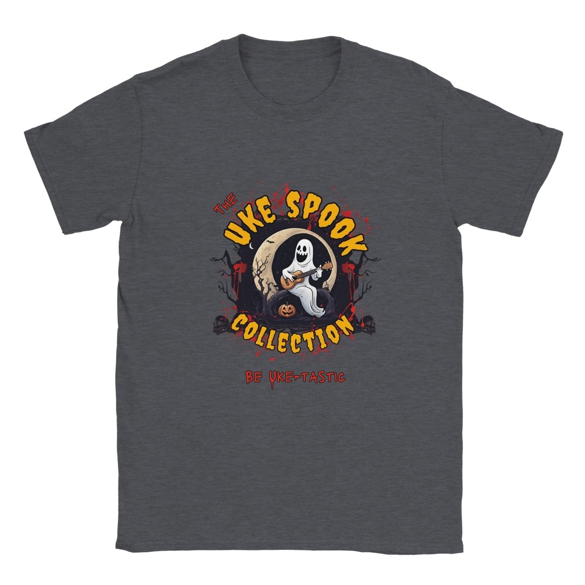 Uke Spook Ghost - Classic Unisex Crewneck T-shirt - Uke Tastic - Dark Heather - Free Delivery - Uke Tastic