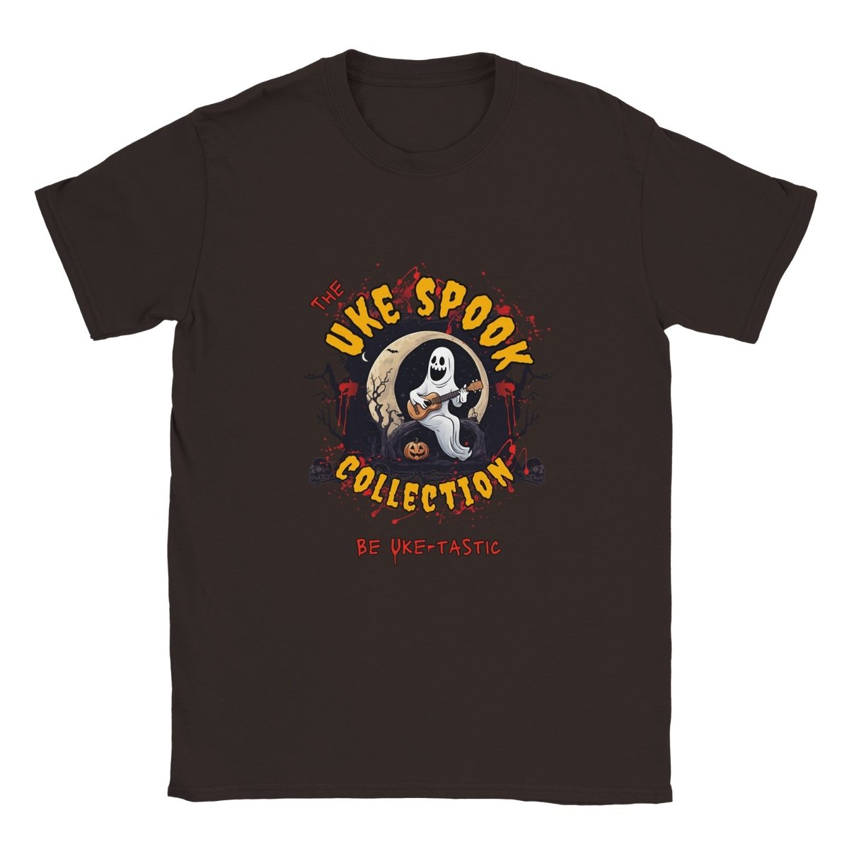 Uke Spook Ghost - Classic Unisex Crewneck T-shirt - Uke Tastic - Dark Chocolate - Free Delivery - Uke Tastic