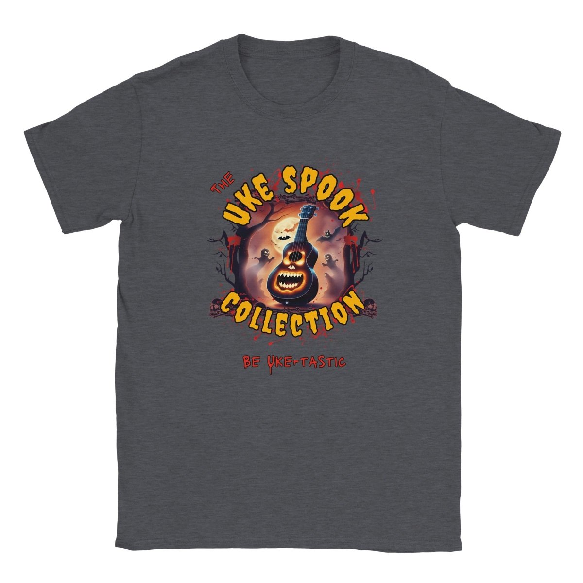 Uke Spook Pumpkin Face - Classic Unisex Crewneck T-shirt - Uke Tastic - Dark Heather - Free Delivery - Uke Tastic