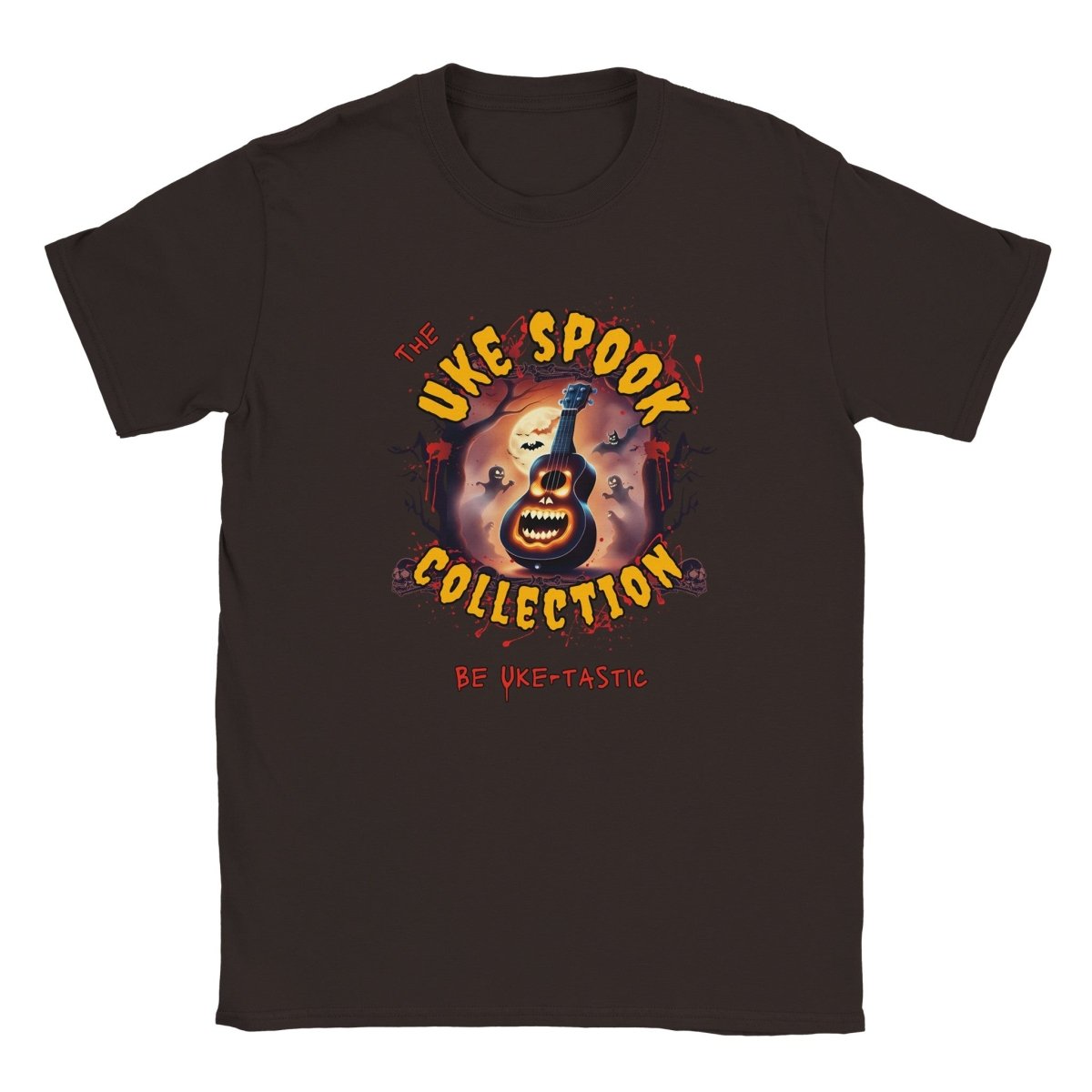 Uke Spook Pumpkin Face - Classic Unisex Crewneck T-shirt - Uke Tastic - Dark Chocolate - Free Delivery - Uke Tastic