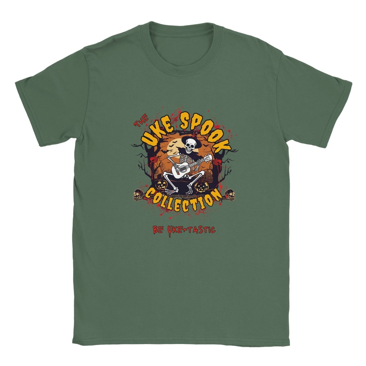 Uke Spook Skeleton - Classic Unisex Crewneck T-shirt - Uke Tastic - Military Green - Gift Items - Uke Tastic