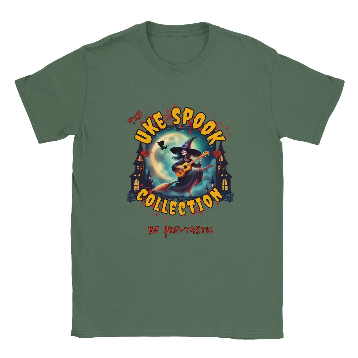 Uke Spook Witch - Classic Unisex Crewneck T-shirt - Uke Tastic - Military Green - The Uke Spook Collection - Uke Tastic