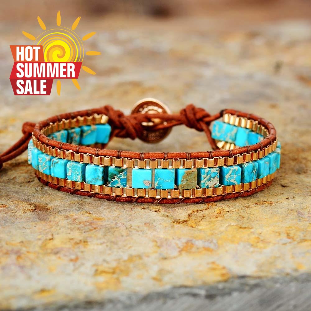 Unique Wrap Bracelet with Stone, Weave and Multilayers of Leather - Uke Tastic