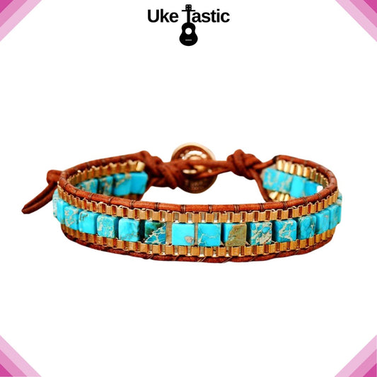 Unique Wrap Bracelet with Stone, Weave and Multilayers of Leather - Uke Tastic