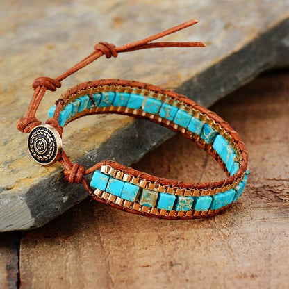 Unique Wrap Bracelet with Stone, Weave and Multilayers of Leather - Uke Tastic