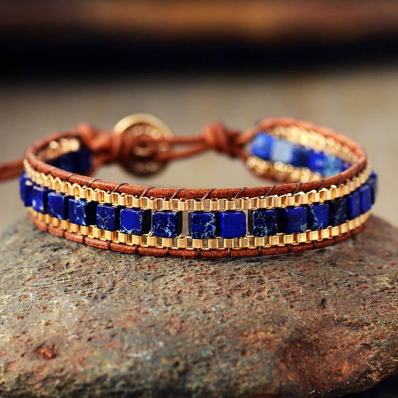 Unique Wrap Bracelet with Stone, Weave and Multilayers of Leather - Uke Tastic