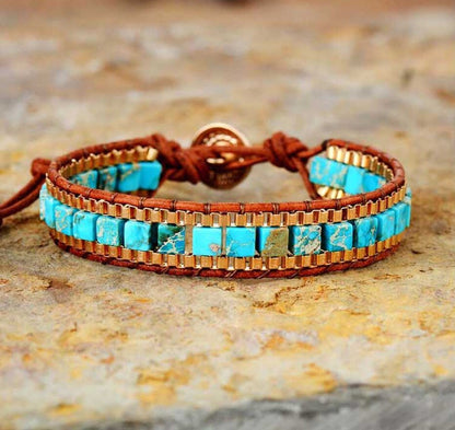 Unique Wrap Bracelet with Stone, Weave and Multilayers of Leather - Uke Tastic