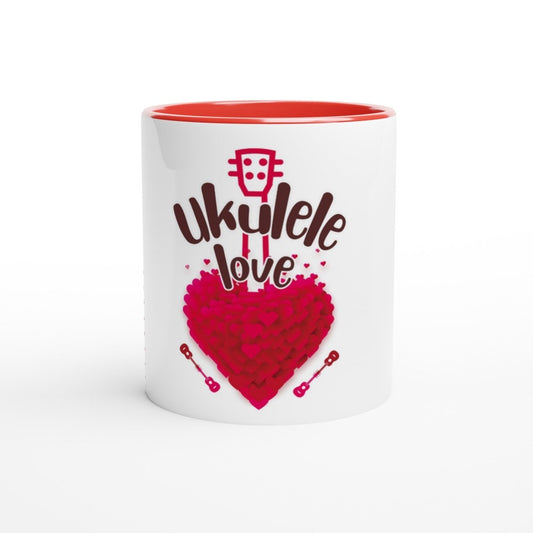 White 'Uke Love' 11oz Ceramic Mug with Colour Inside - Uke Tastic - Ceramic Red - Cups and Mugs - Uke Tastic