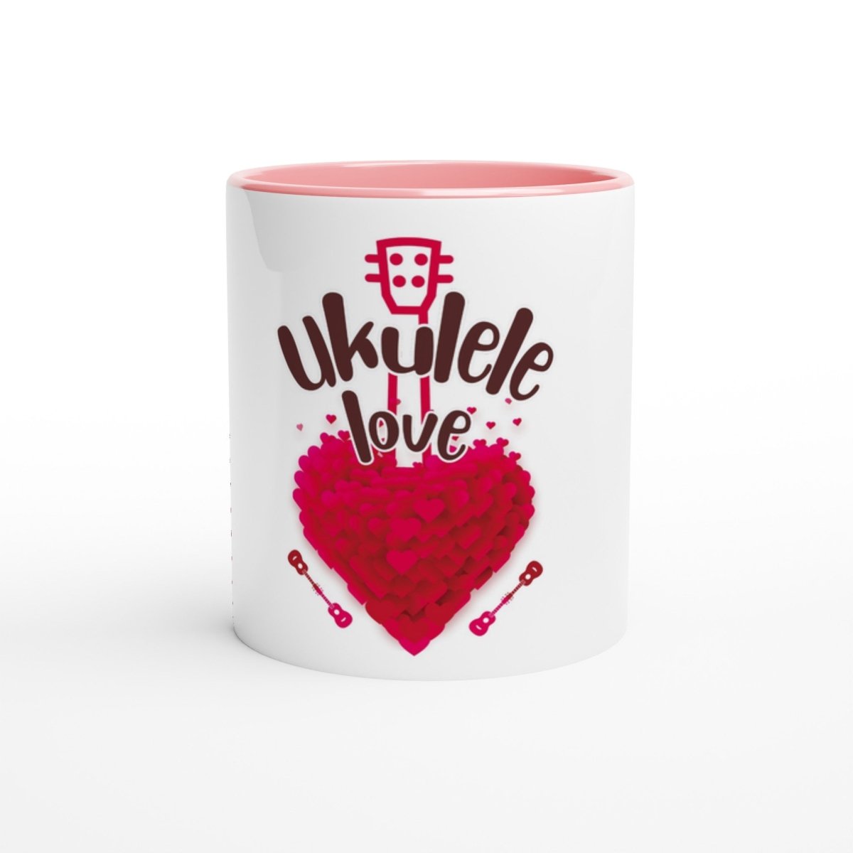 White 'Uke Love' 11oz Ceramic Mug with Colour Inside - Uke Tastic - Ceramic Pink - Cups and Mugs - Uke Tastic