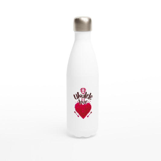 White 'Uke Love' 17oz Stainless Steel Water Bottle - Uke Tastic - Cups and Mugs - Uke Tastic