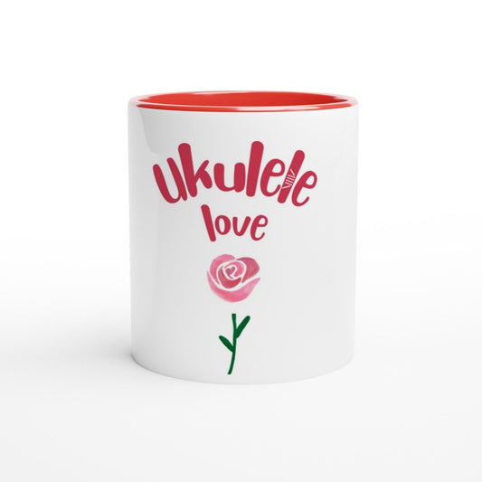 White 'Uke Rose' 11oz Ceramic Mug with Colour Inside - Uke Tastic - Ceramic Red - Free Delivery - Uke Tastic