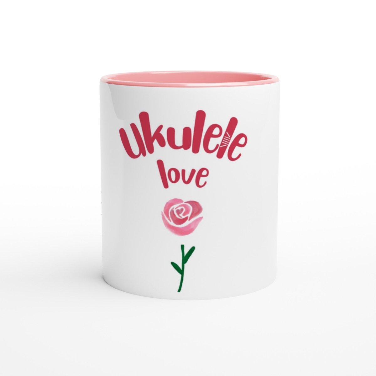 White 'Uke Rose' 11oz Ceramic Mug with Colour Inside - Uke Tastic - Ceramic Pink - Free Delivery - Uke Tastic