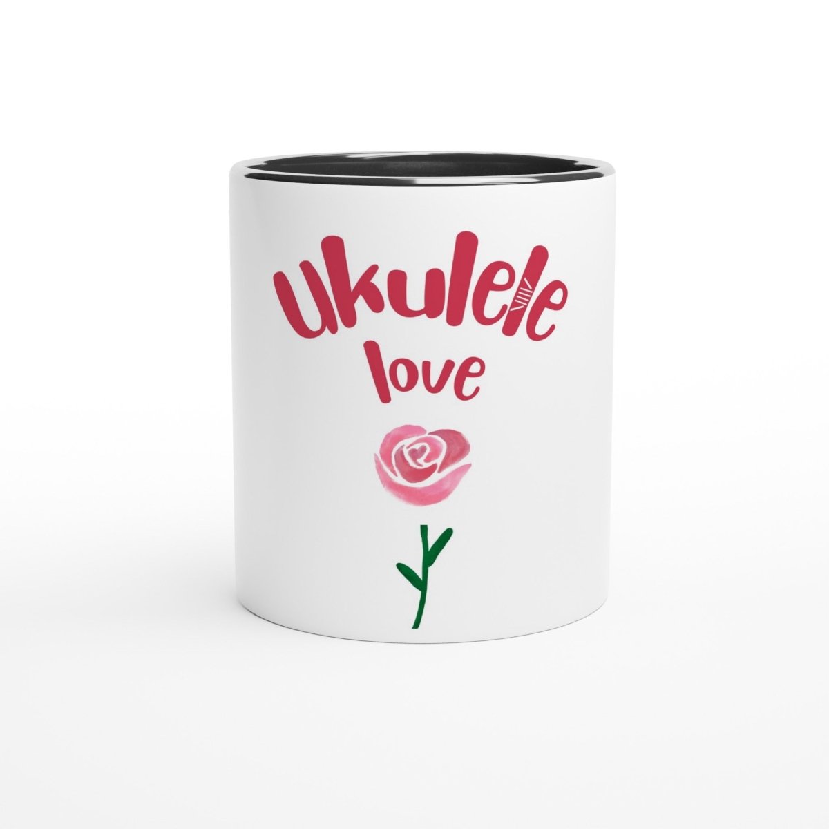 White 'Uke Rose' 11oz Ceramic Mug with Colour Inside - Uke Tastic - Ceramic Black - Free Delivery - Uke Tastic