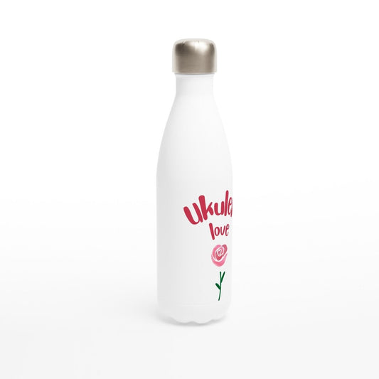 White 'Uke Rose' 17oz Stainless Steel Water Bottle - Uke Tastic - Free Delivery - Uke Tastic