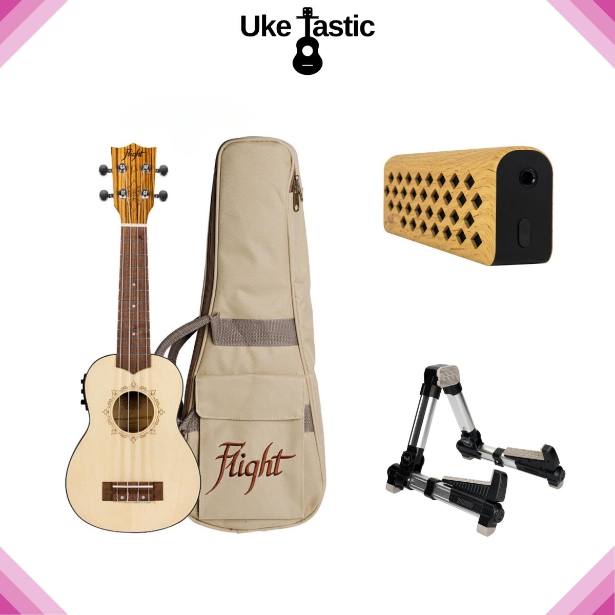 Zebra Top Soprano Uke, Mini Amp & Stand - (Three Set Bundle) - Uke Tastic