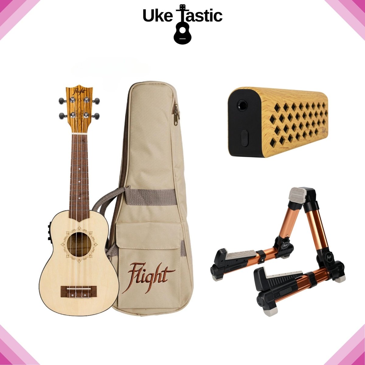 Zebra Top Soprano Uke, Mini Amp & Stand - (Three Set Bundle) - Uke Tastic