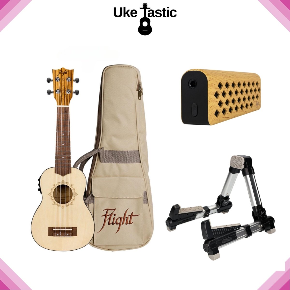 Zebra Top Soprano Uke, Mini Amp & Stand - (Three Set Bundle) - Uke Tastic