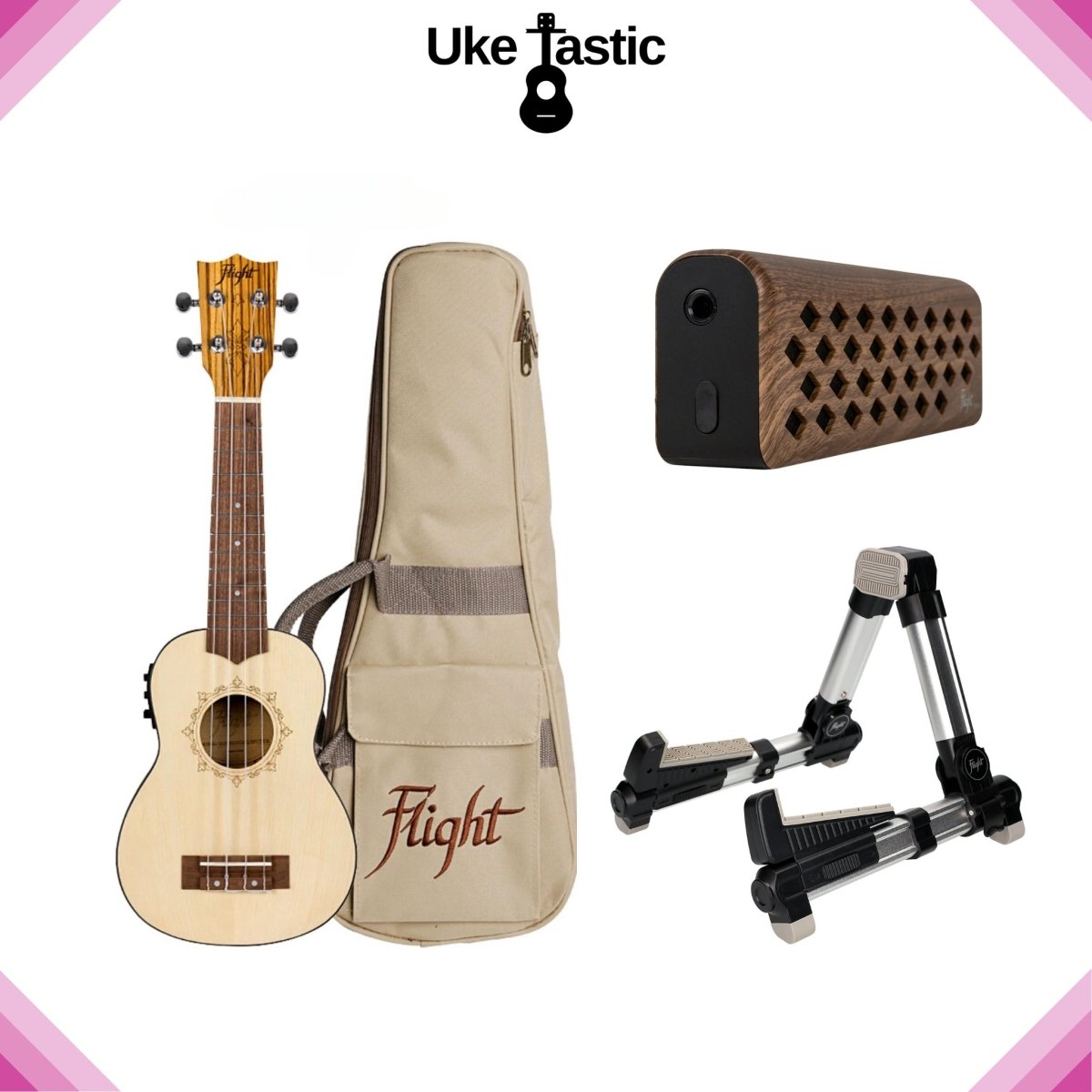 Zebra Top Soprano Uke, Mini Amp & Stand - (Three Set Bundle) - Uke Tastic