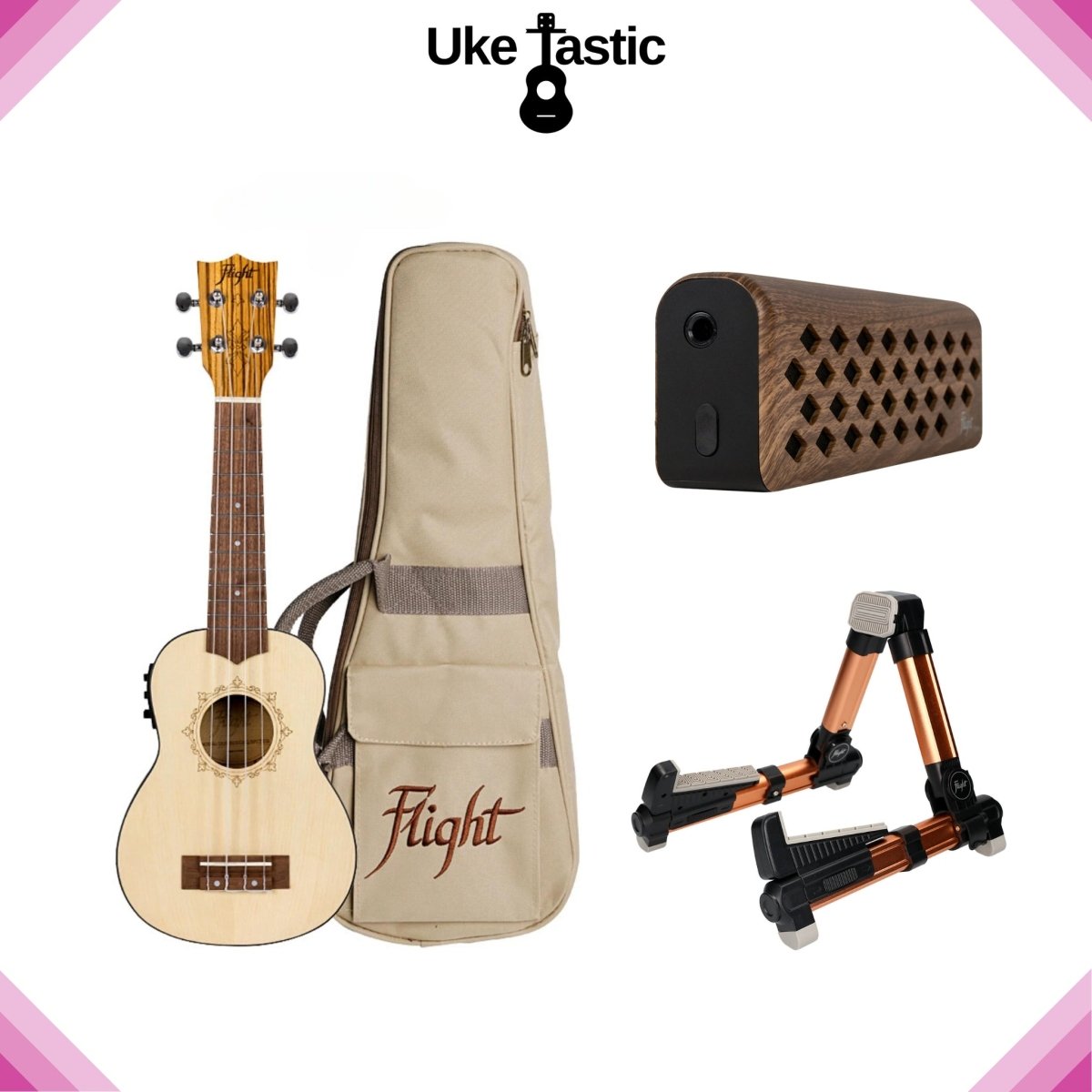 Zebra Top Soprano Uke, Mini Amp & Stand - (Three Set Bundle) - Uke Tastic